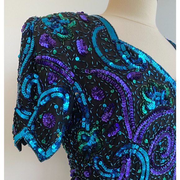 Vintage Retro 1980's Lawrence Kazar Fully Sequinned Evening Dress size Large - Picture 3 of 14